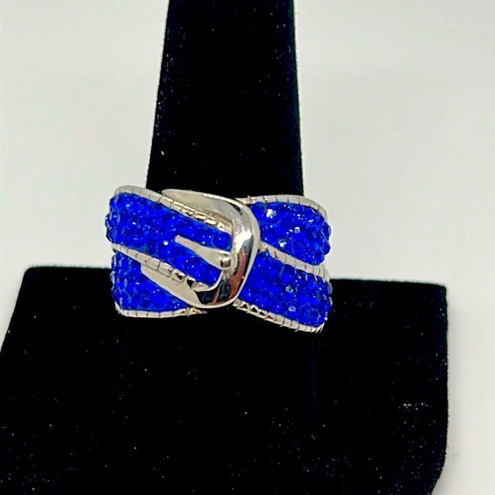 Beautiful Silver Belt Buckle Ring With Blue Stones
